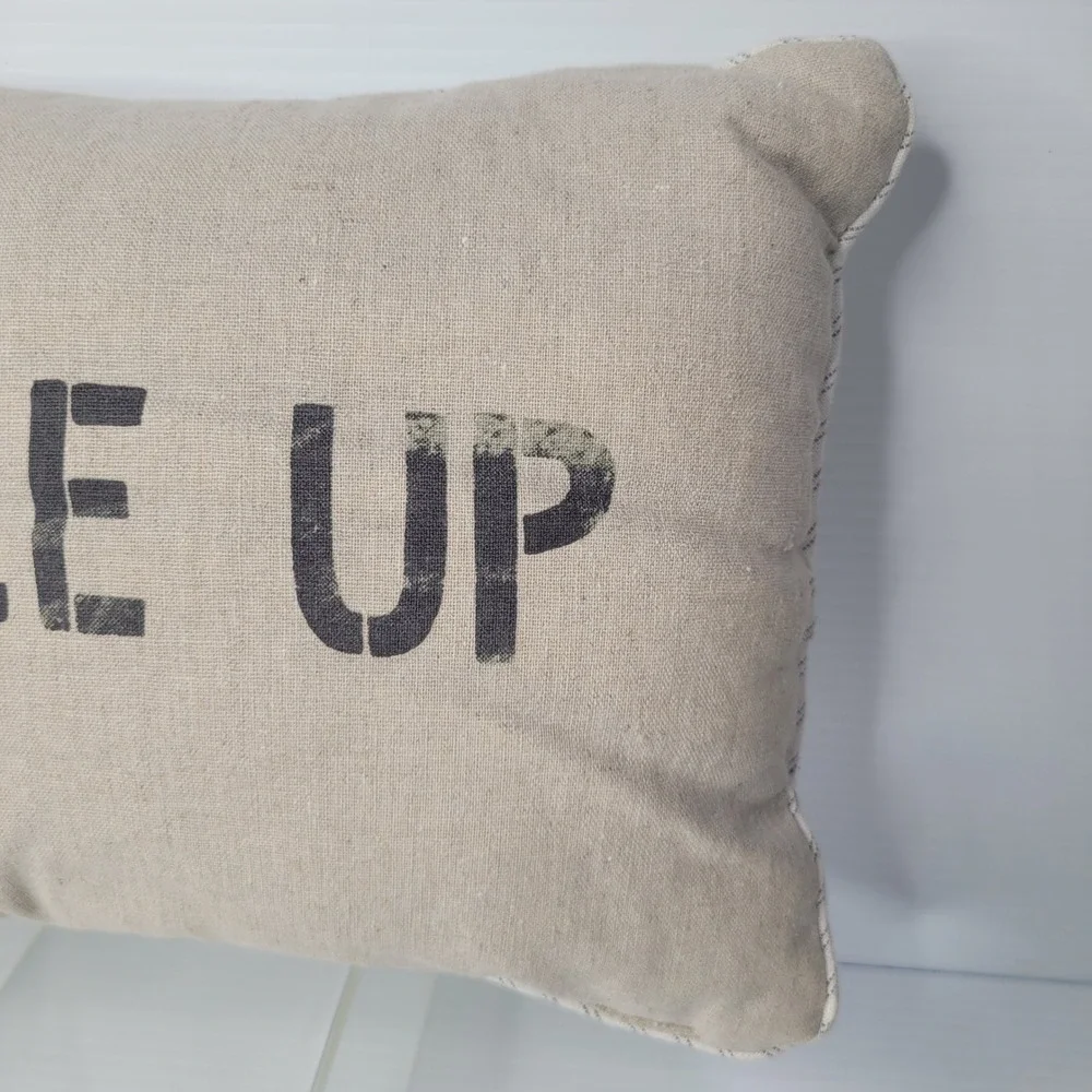 Pottery Barn Cuddle Up Pillow 9x15 Beige Stenciled Lumbar Striped‎ Reverse